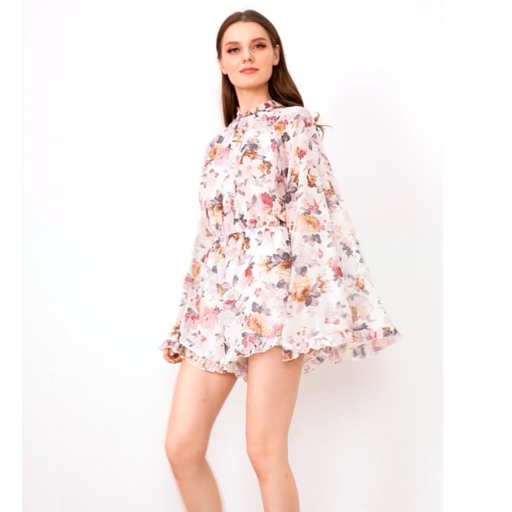 Romwe Floral Printed Ruffle Bell Sleeve Romper